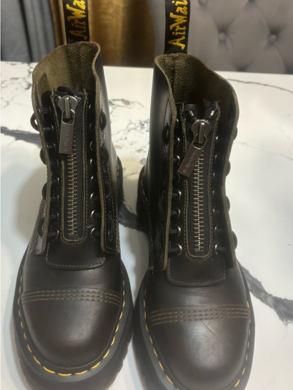 Dr. Martens Black Leather Front-Zip Lace-Up Boots with Yellow Stitching